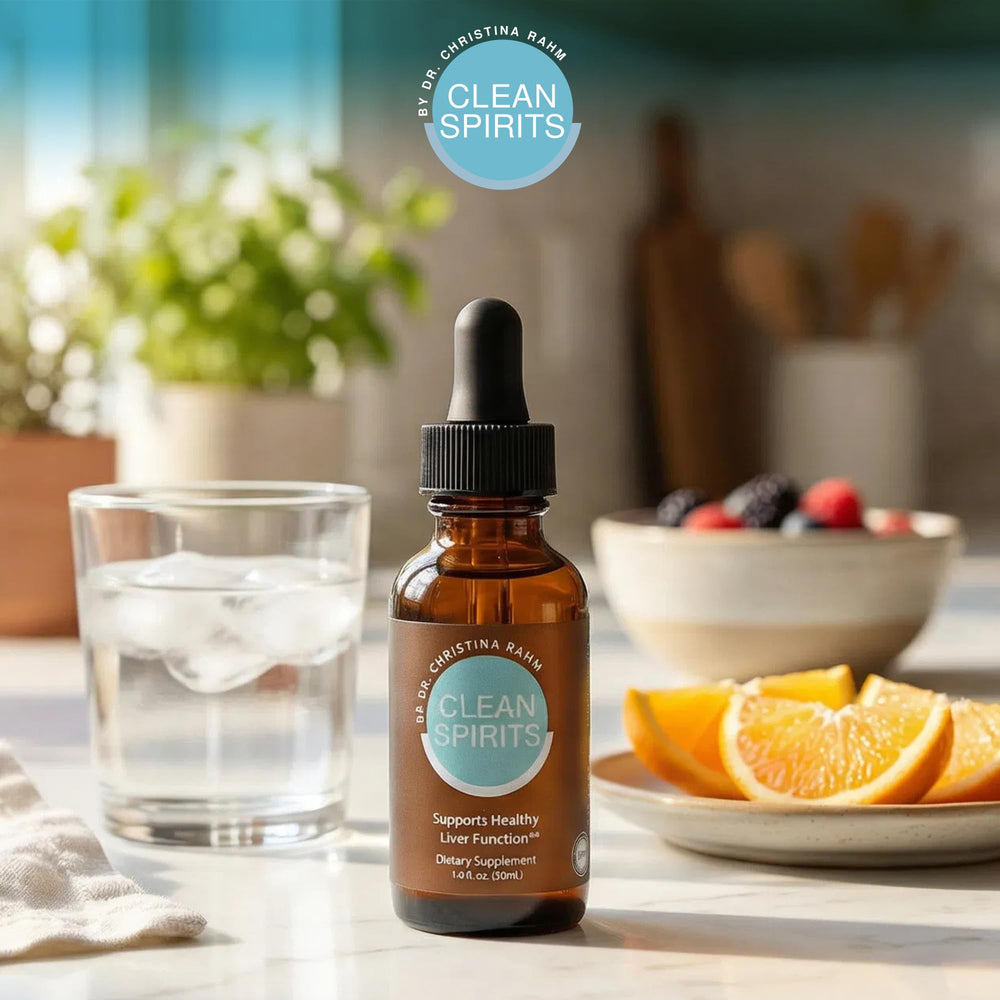 Clean Spirits bottles on shelf reflect daily-use wellness routine for vitality.