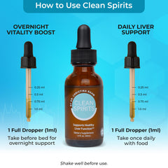 Clean Spirits liquid drops pour demonstrates easy to mix into water or juice for absorption.