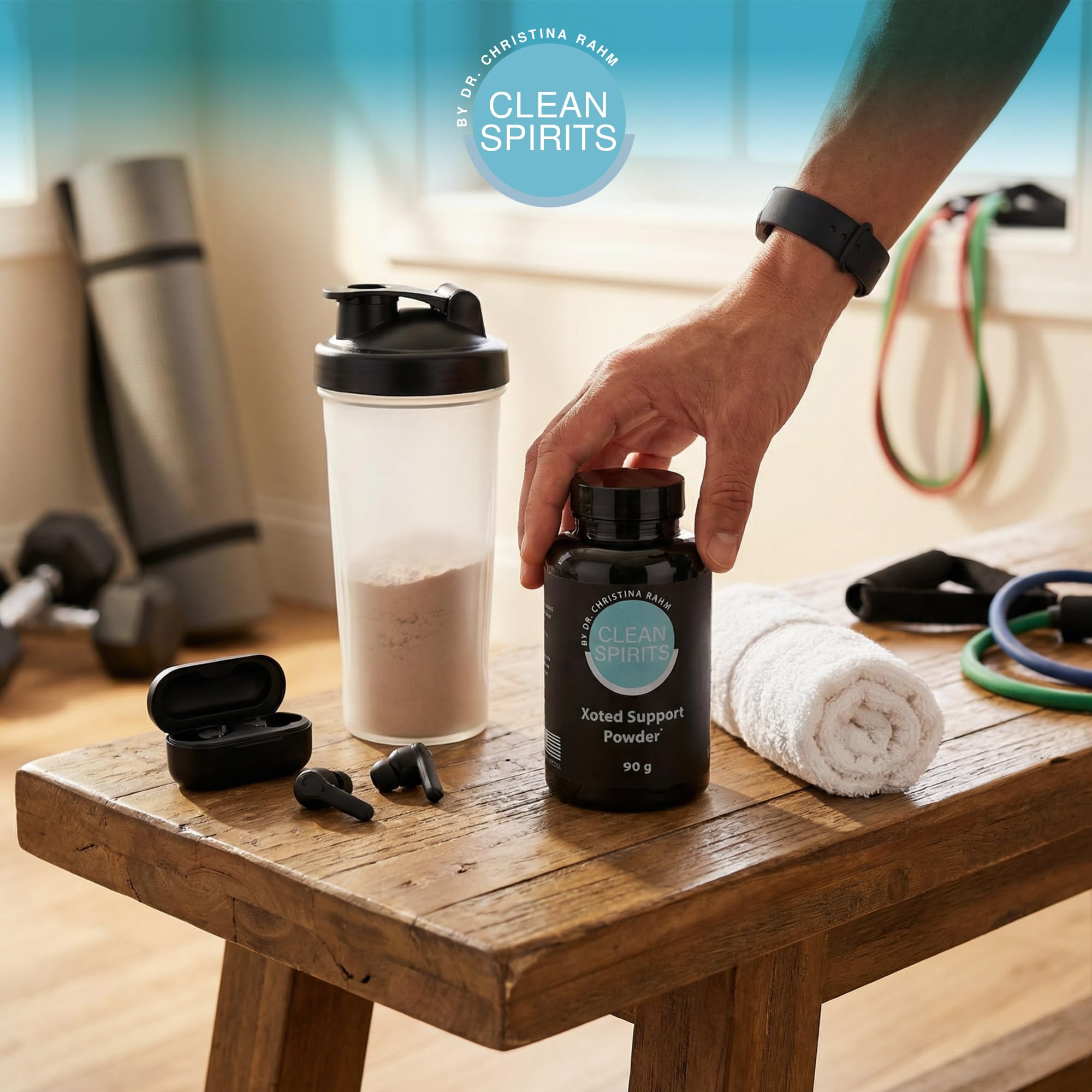 Clean Spirits Xoted Support Powder with a beverage showing easy, smooth texture