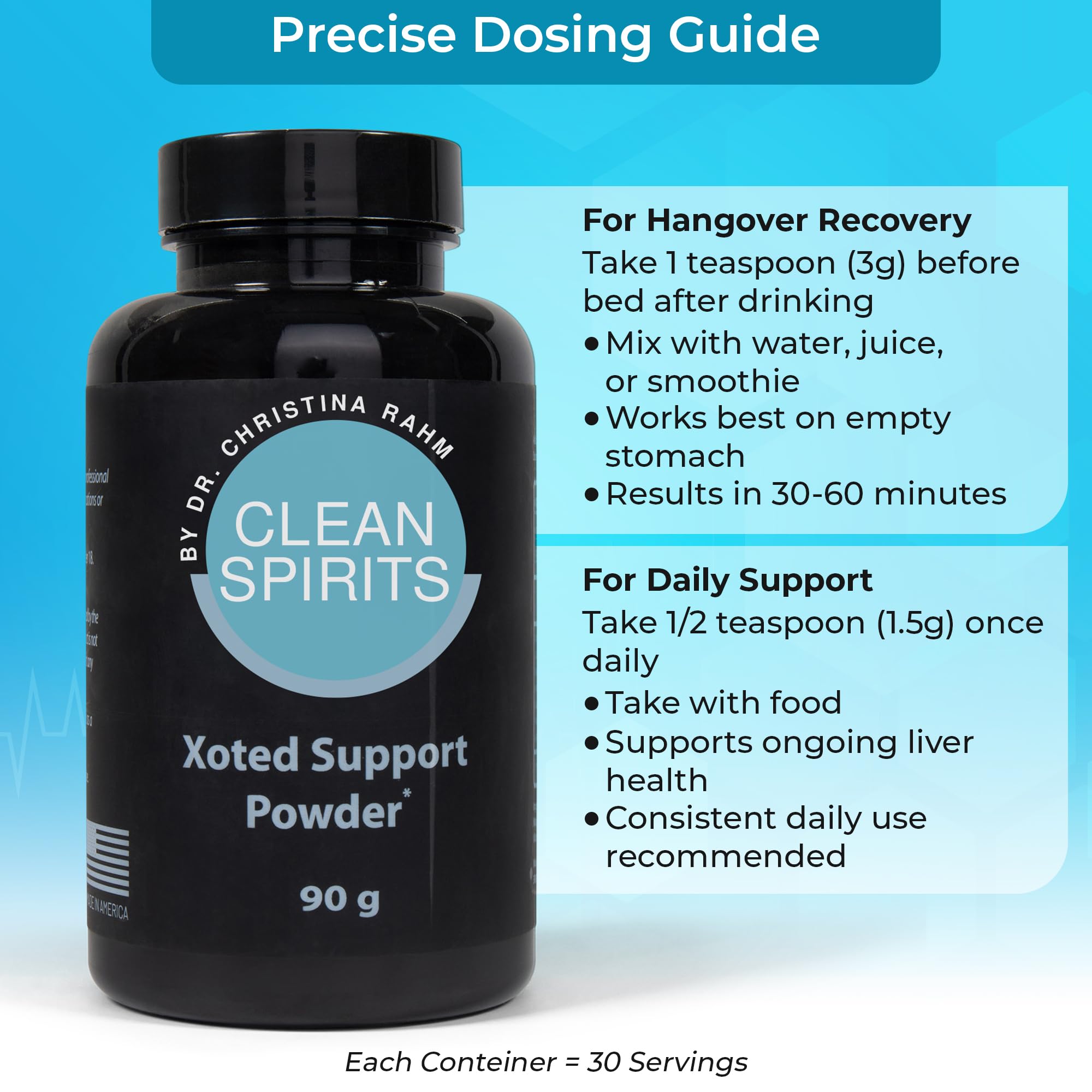 Clean Spirits Xoted Support Powder being poured into juice for easy post-drinking care
