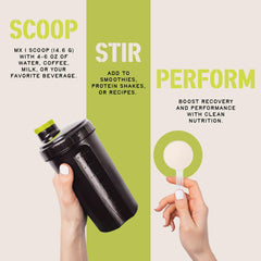 CleanForm Iron Feather collagen powder in a kitchen scene suggests convenient daily protein support.
