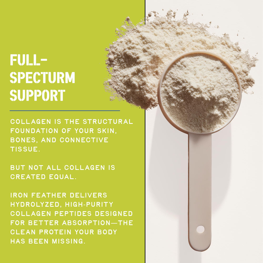 CleanForm Iron Feather collagen powder mixed drink highlights flavorless blend for versatile usage.
