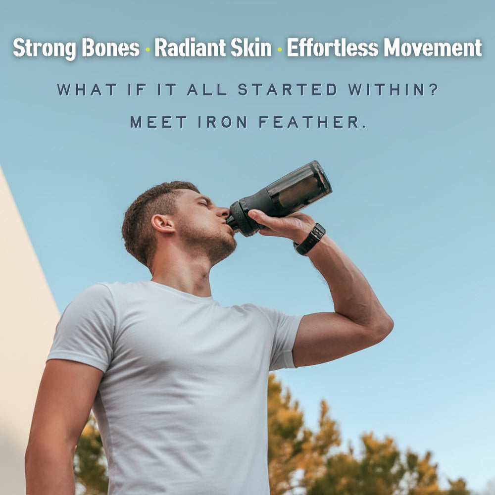 CleanForm Iron Feather collagen powder pour captures smooth mixability for recovery routines.