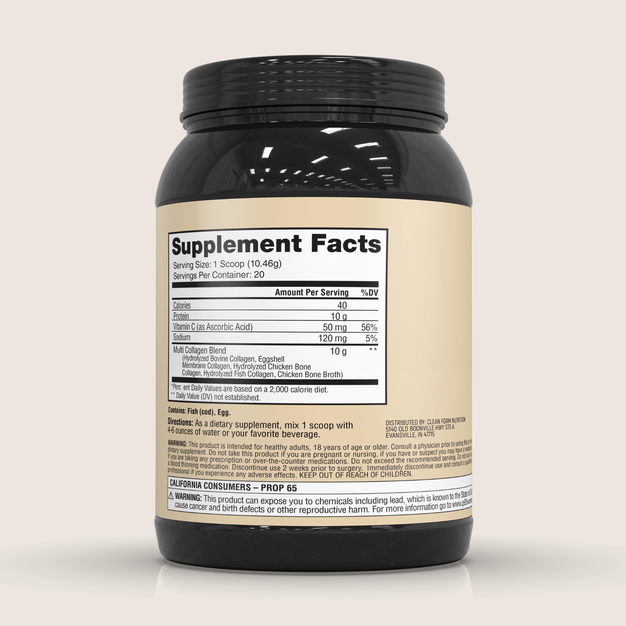 CleanForm Iron Feather collagen powder scoop demonstrates 10g protein per serving for daily strength.