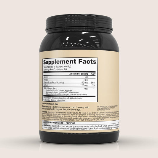 CleanForm Iron Feather collagen powder scoop demonstrates 10g protein per serving for daily strength.