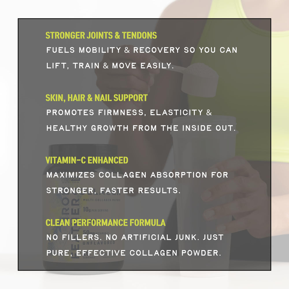CleanForm Iron Feather collagen powder texture closeup emphasizes fine powder and quality ingredients.