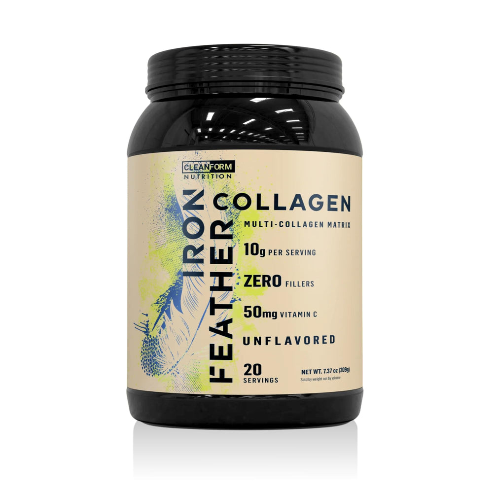 CleanForm Iron Feather collagen powder tub showcases multi-source formula for joints and skin health.