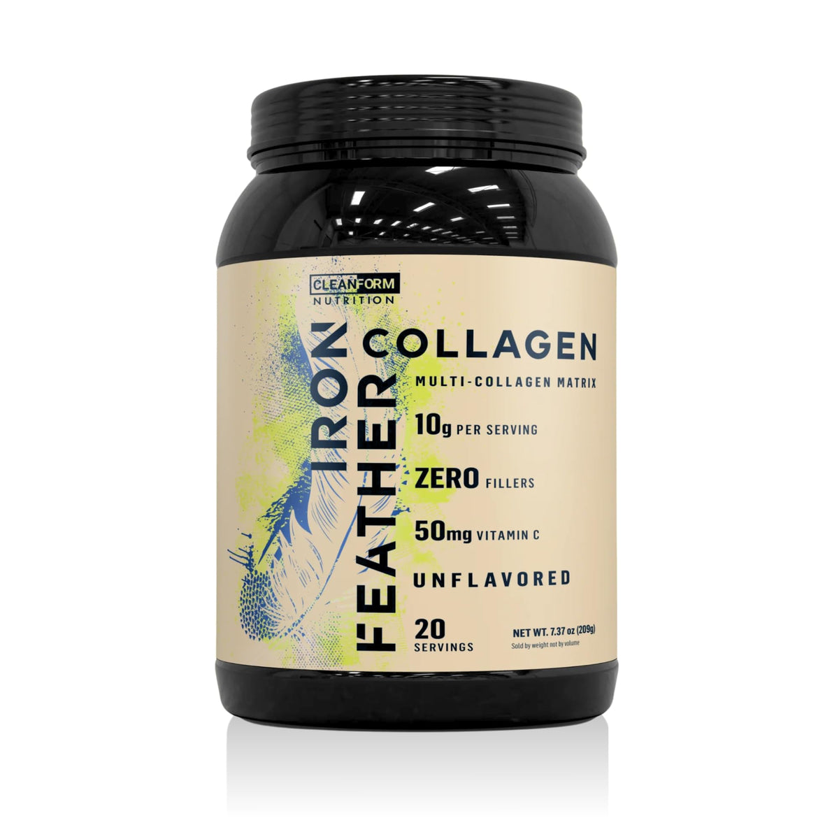 CleanForm Iron Feather collagen powder tub showcases multi-source formula for joints and skin health.