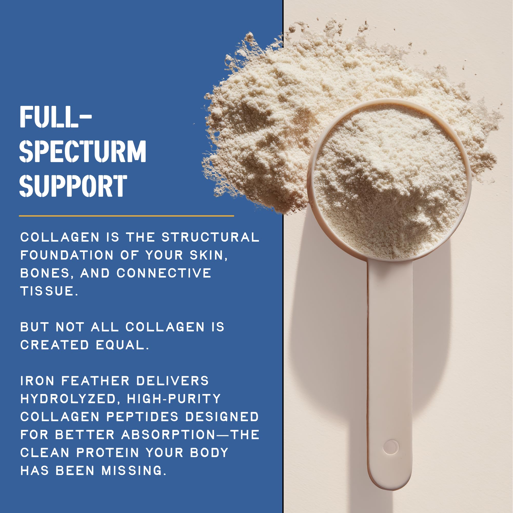 CleanForm Iron Feather collagen powder vanilla ingredient panel highlights collagen types