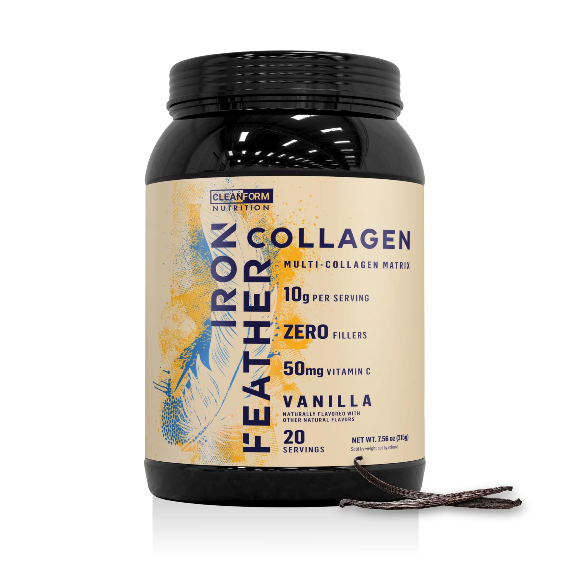CleanForm Iron Feather collagen powder vanilla tub front for daily multi-collagen support