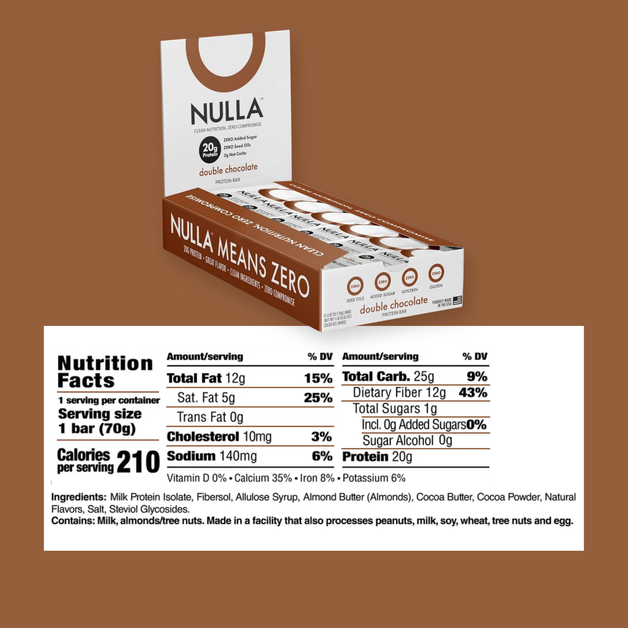 CleanForm Nulla Bar nutrition label highlights 20g protein for post-workout recovery