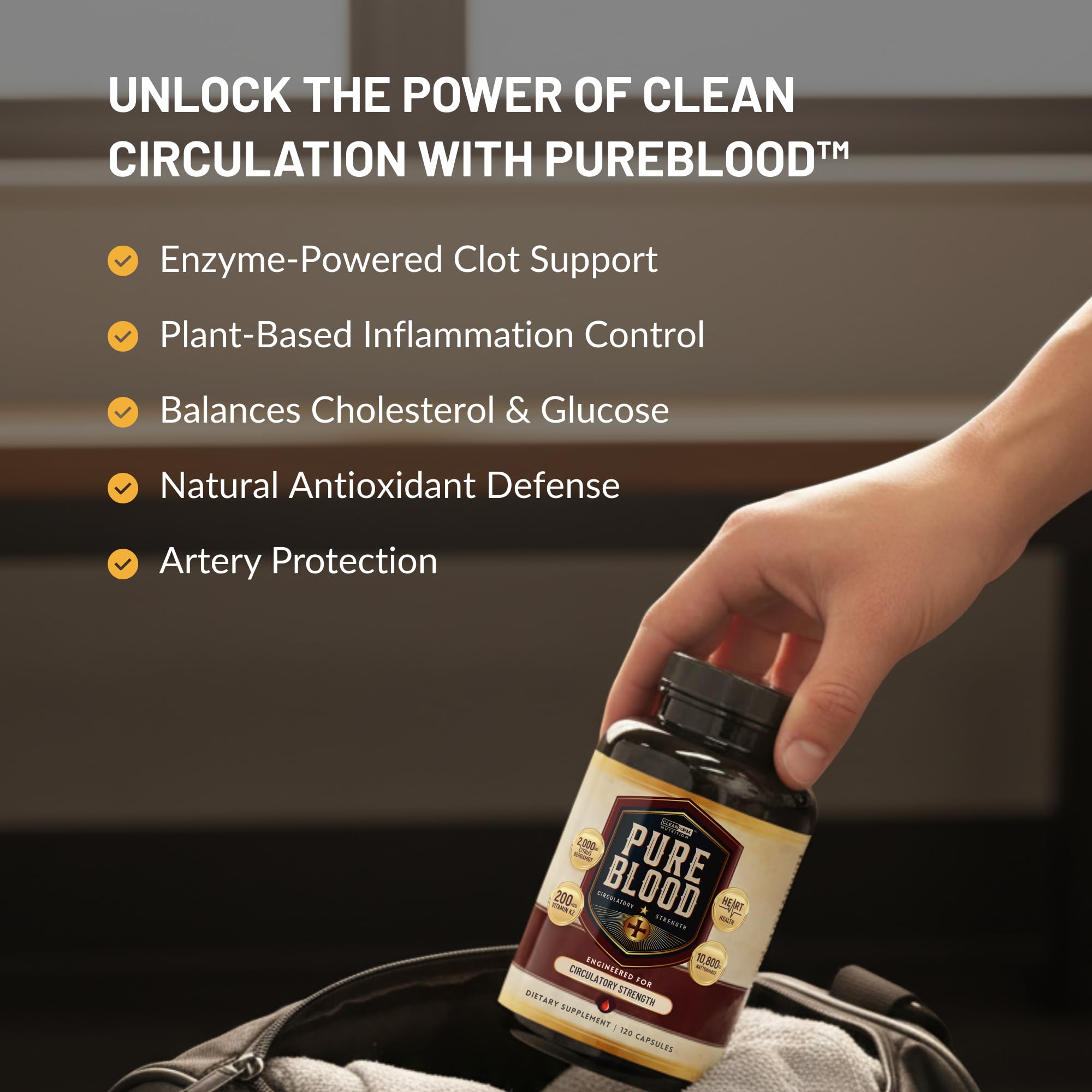 CleanForm Pure Blood ingredient panel featuring K2VITAL MK-7 for arterial support.