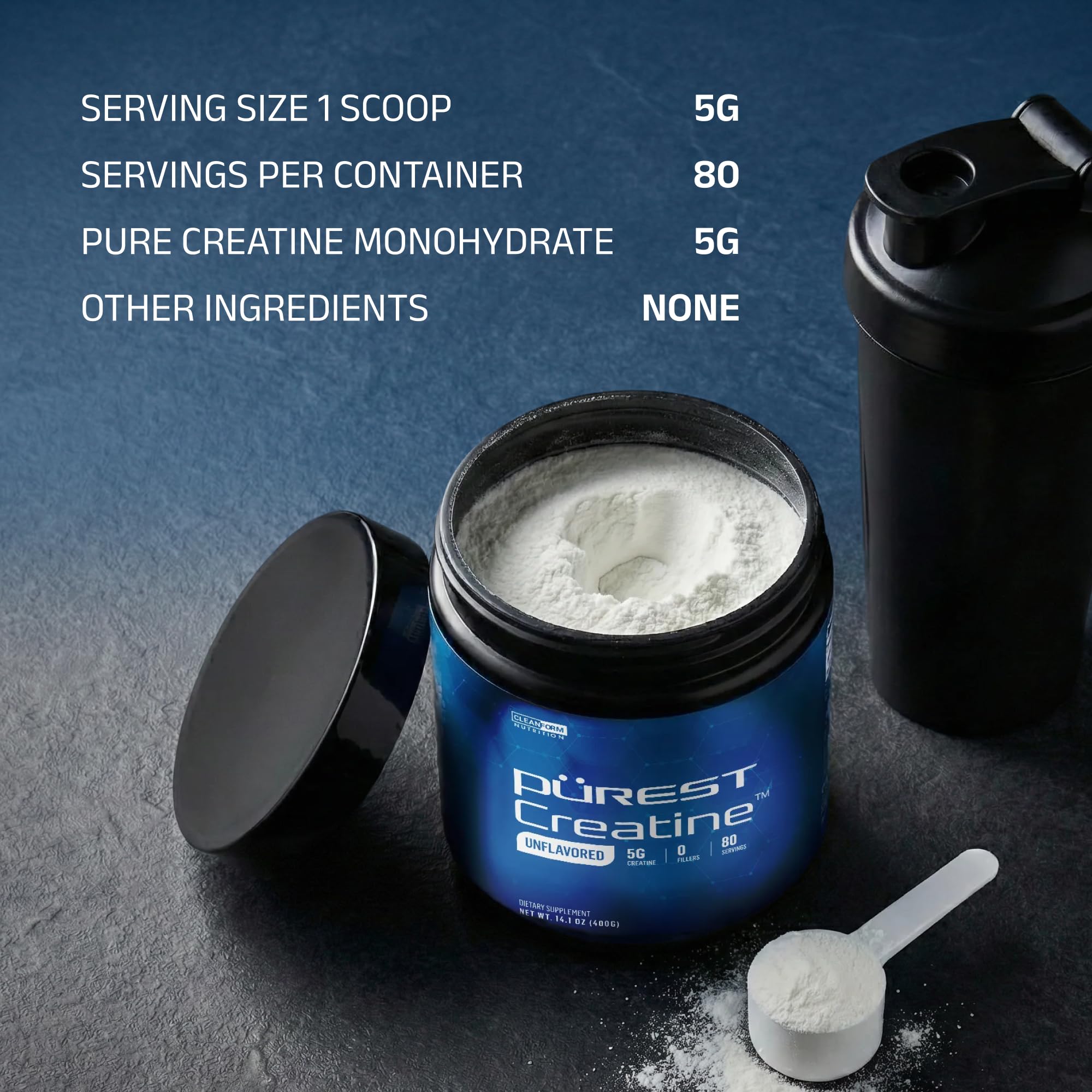 CleanForm Purest Creatine Monohydrate powder in a glass with liquid illustrates use.