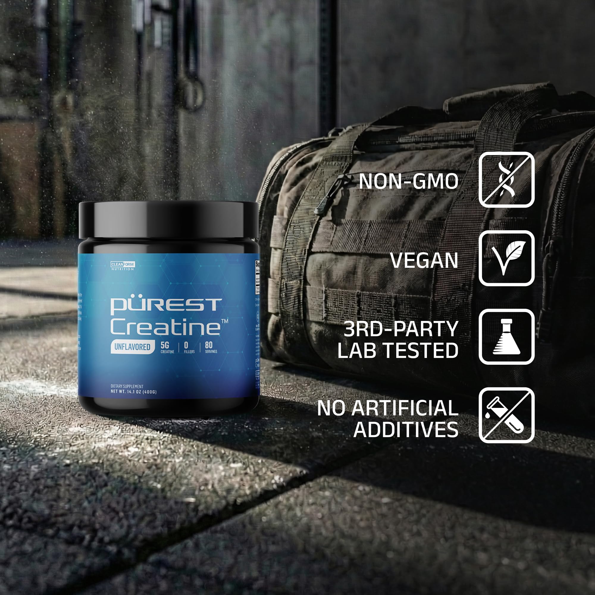 CleanForm Purest Creatine Monohydrate powder closeup shows ultra-pure micronized texture.