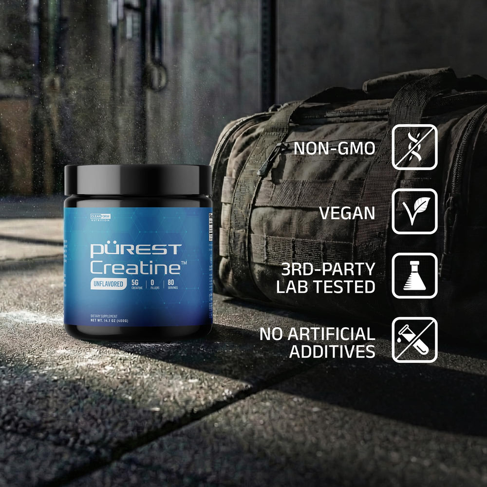 CleanForm Purest Creatine Monohydrate powder closeup shows ultra-pure micronized texture.
