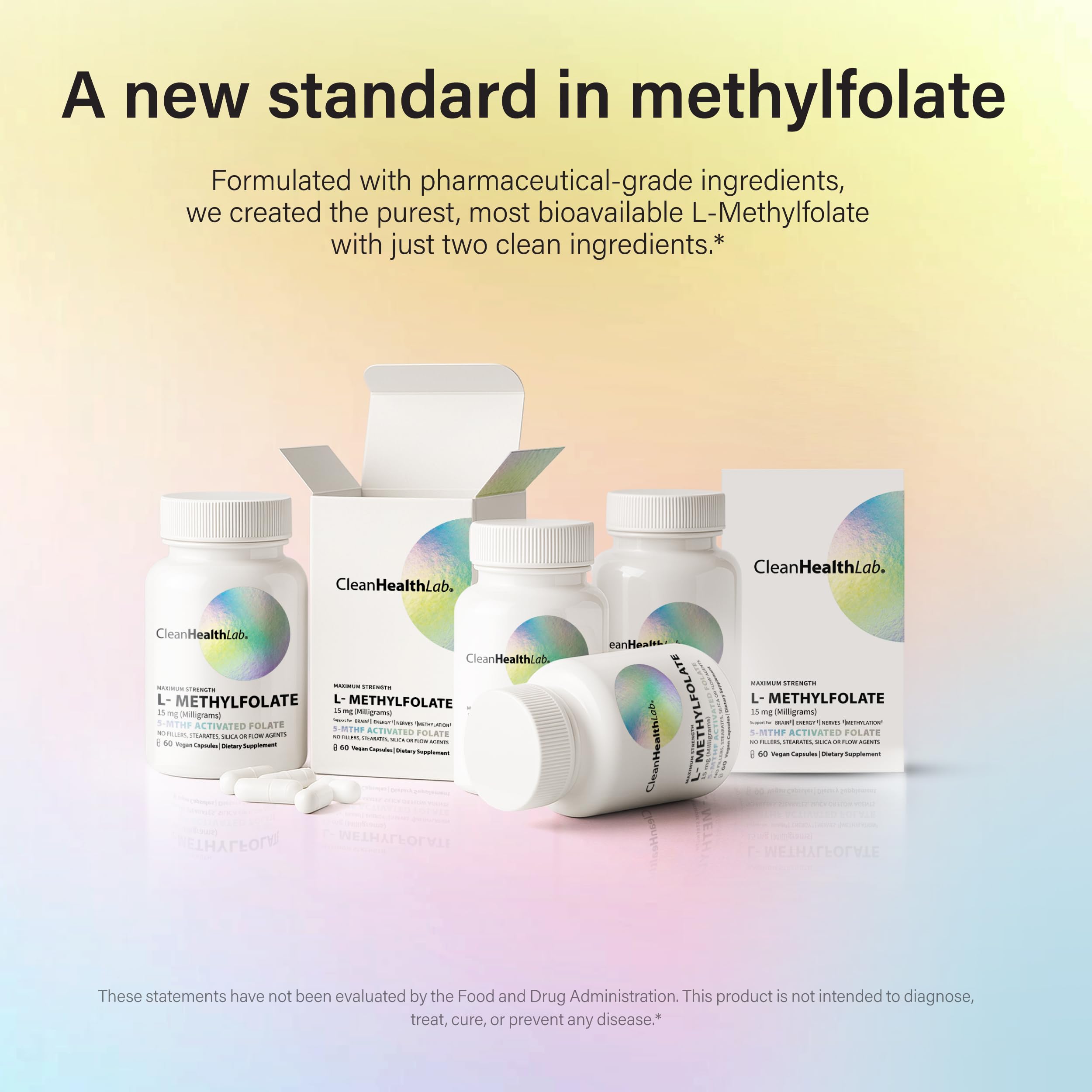 CleanHealthLab L-Methylfolate 15mg ingredient list close-up shows a clean, allergen-free formula.
