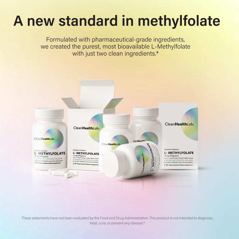 CleanHealthLab L-Methylfolate 15mg ingredient list close-up shows a clean, allergen-free formula.