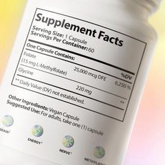 CleanHealthLab L-Methylfolate vegan seal on packaging communicates allergen-friendly design.