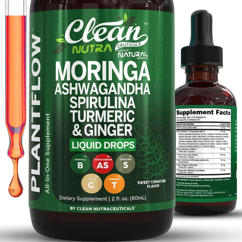 Clean Nutra Moringa Drops bottle showing a plant powered elixir for daily vitality