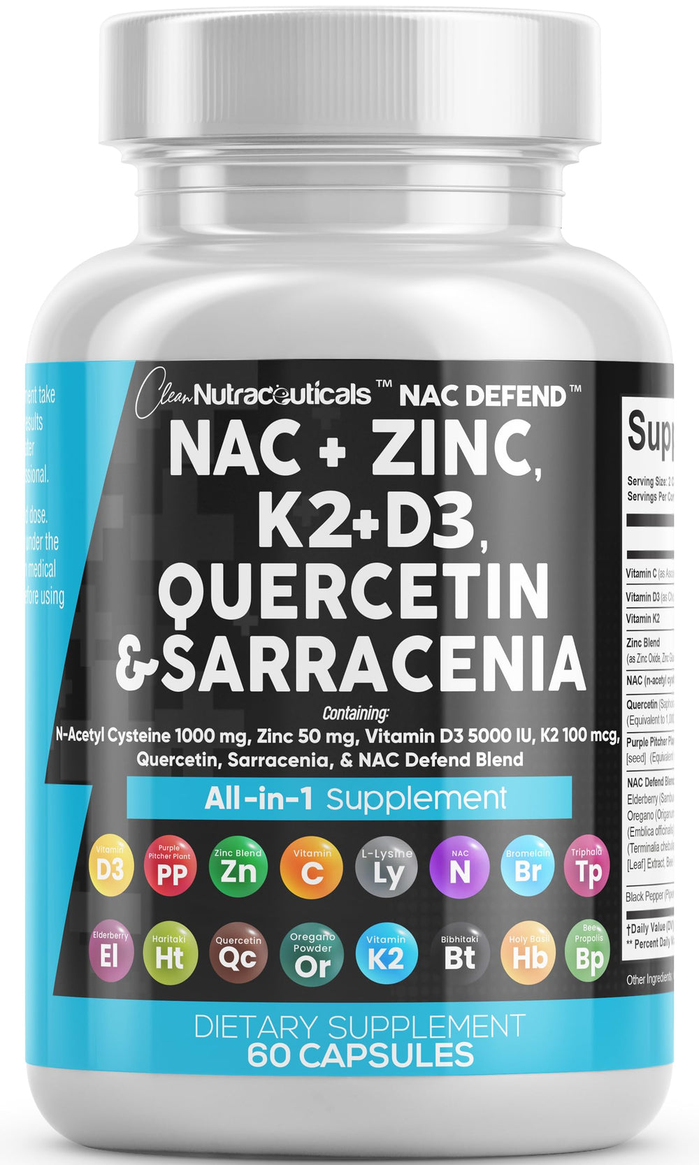 Clean Nutraceuticals NAC Defend bottle front highlights 19 ingredients for potential immune support.