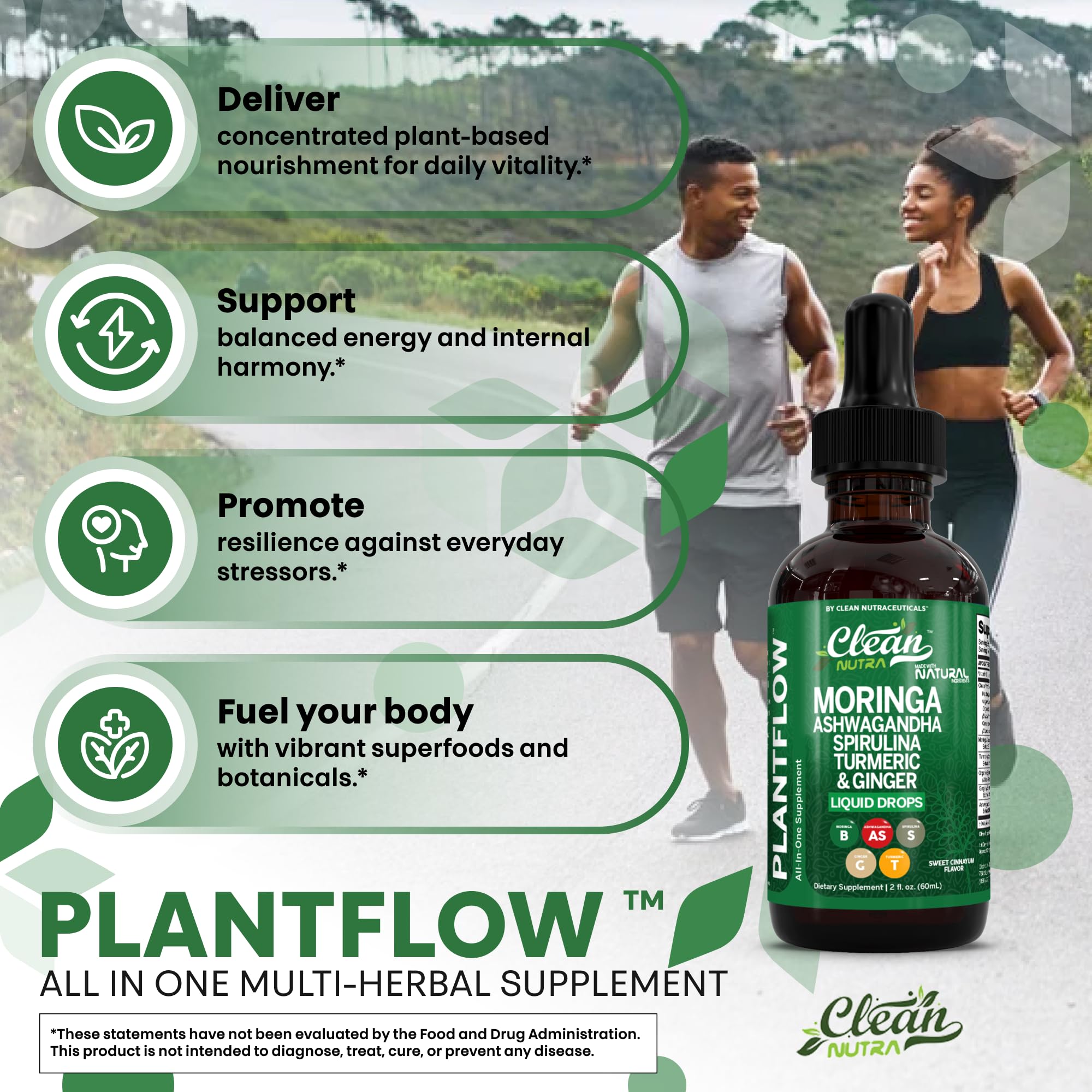 PlantFlow blend bottle highlighting chlorophyll rich greens and nutrient density