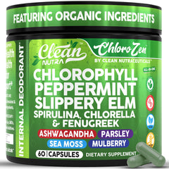 Clean Nutraceuticals bottle front with chlorophyll capsules for daily detox and odor control.