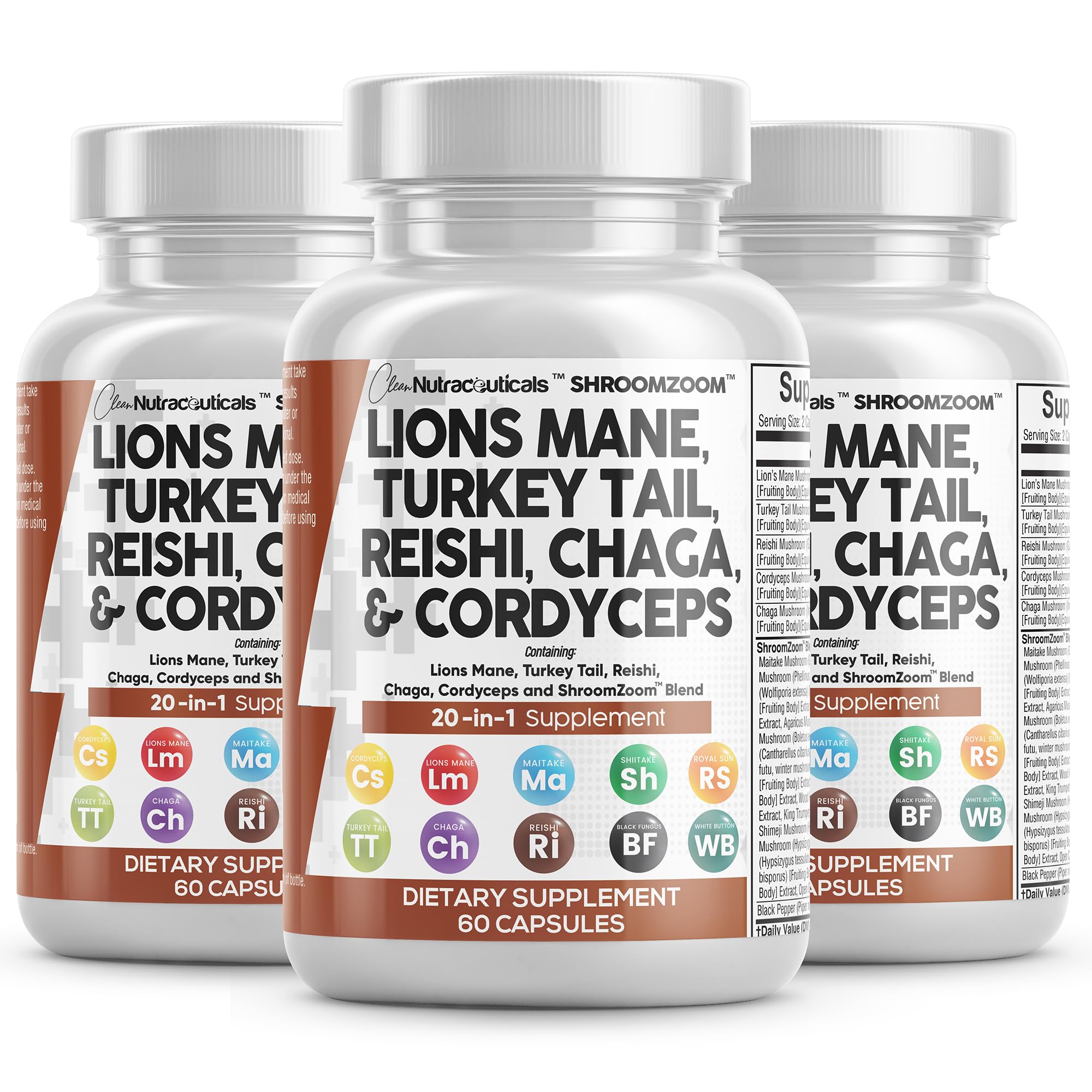 Clean Nutraceuticals Lions Mane 20in1 bottle with capsules supports focus and energy.