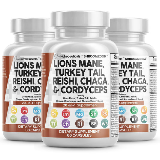 Clean Nutraceuticals Lions Mane 20in1 bottle with capsules supports focus and energy.