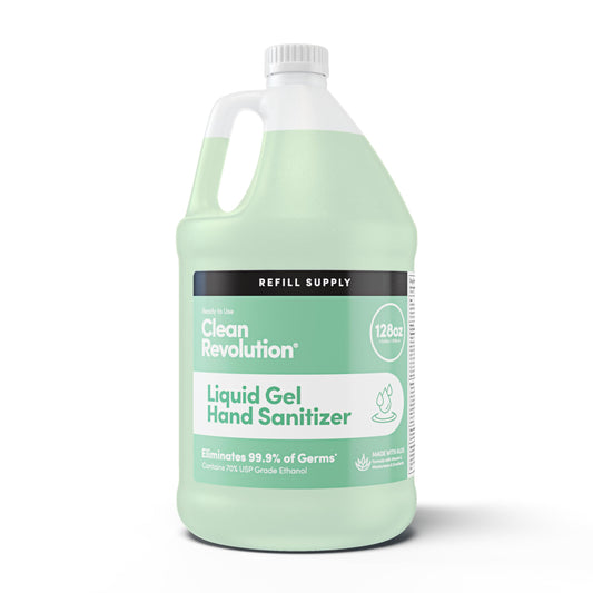 Clean Revolution liquid gel sanitizer refill 128oz, ideal for home refills.