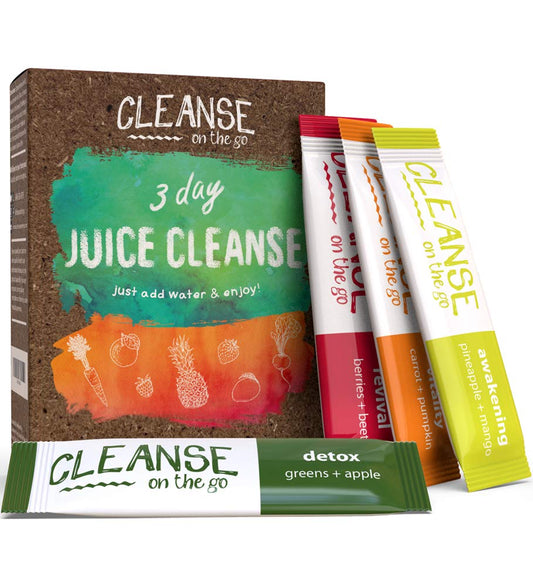 CLEANSE on the go 3 Day Juice Cleanse box front, quick wellness start for busy mornings.