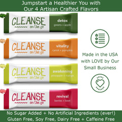 CLEANSE on the go packets display, easy daily powder cleanse in a single serving.