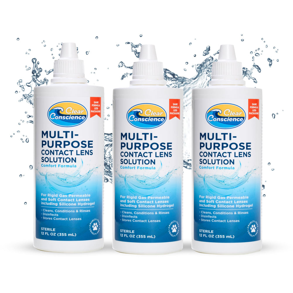 Clear Conscience contact lens solution bottle for gentle cleansing of sensitive eyes.