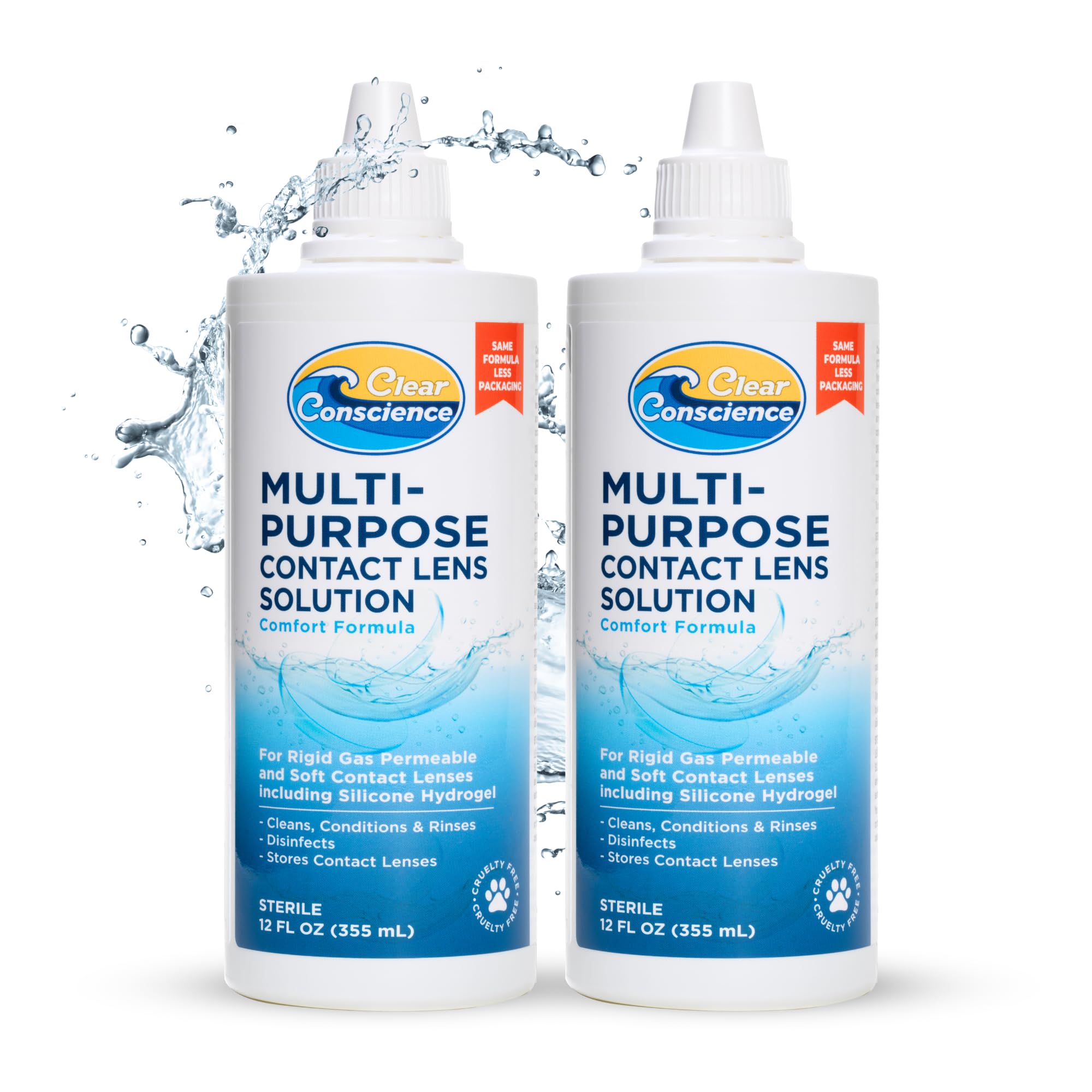 Clear Conscience lens solution bottle offers gentle cleansing for sensitive eyes.