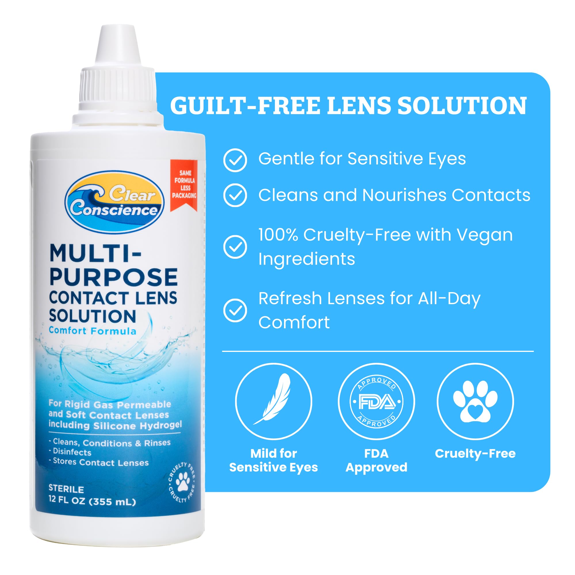 Clear Conscience multipurpose lens cleaner removes debris for clearer vision.