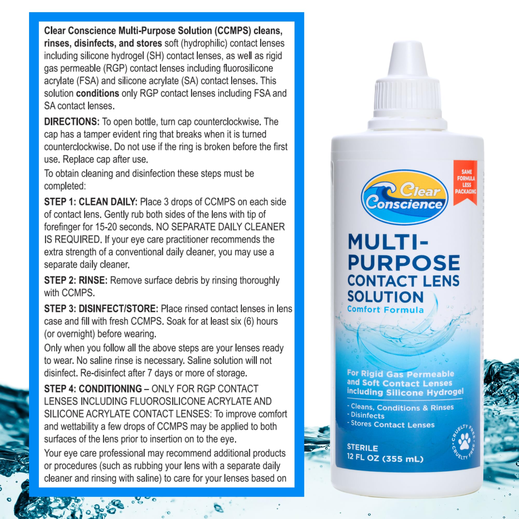 Clear Conscience removes protein and deposits for clearer lenses.