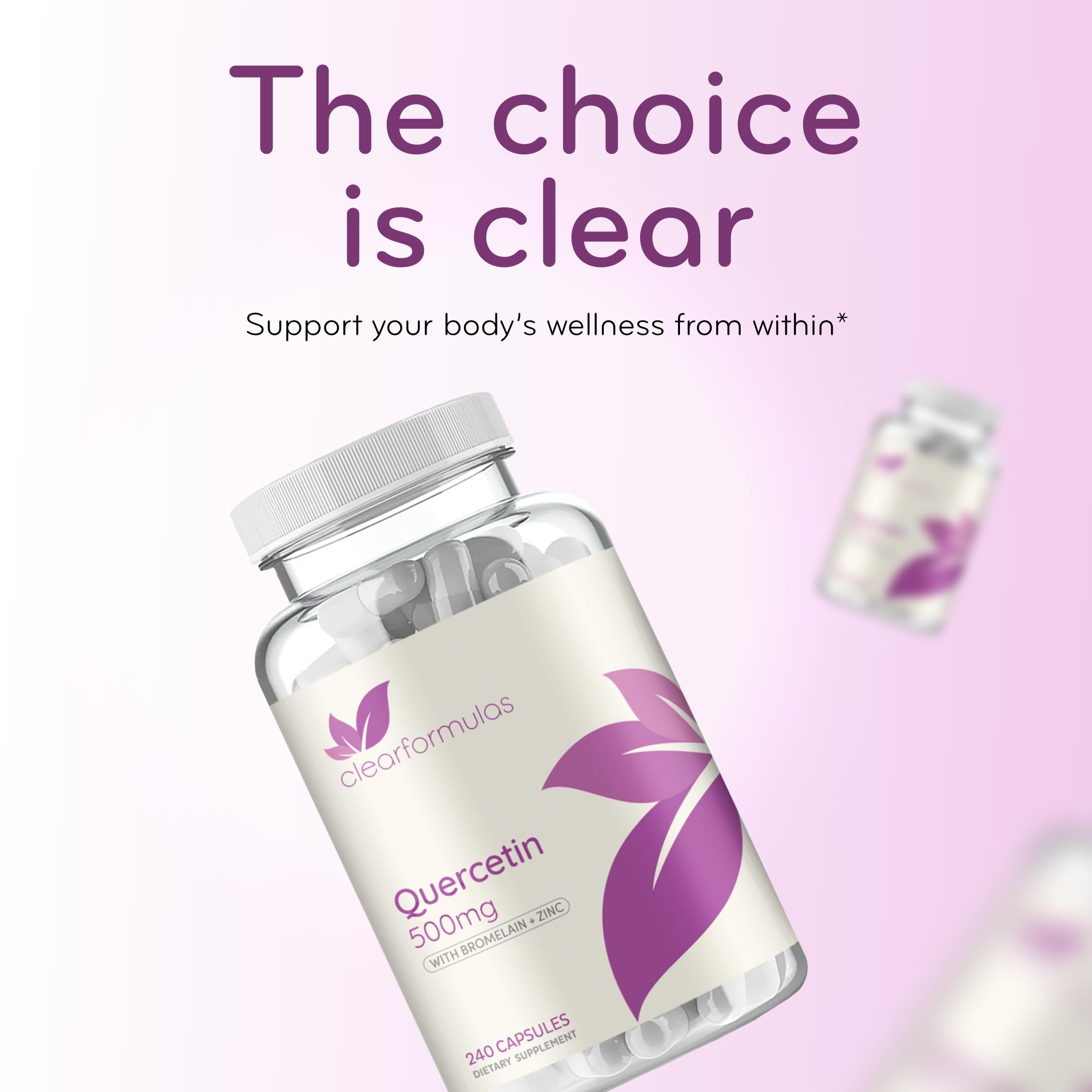 Clear Formulas bottle beside glass conveys easy daily dosing.
