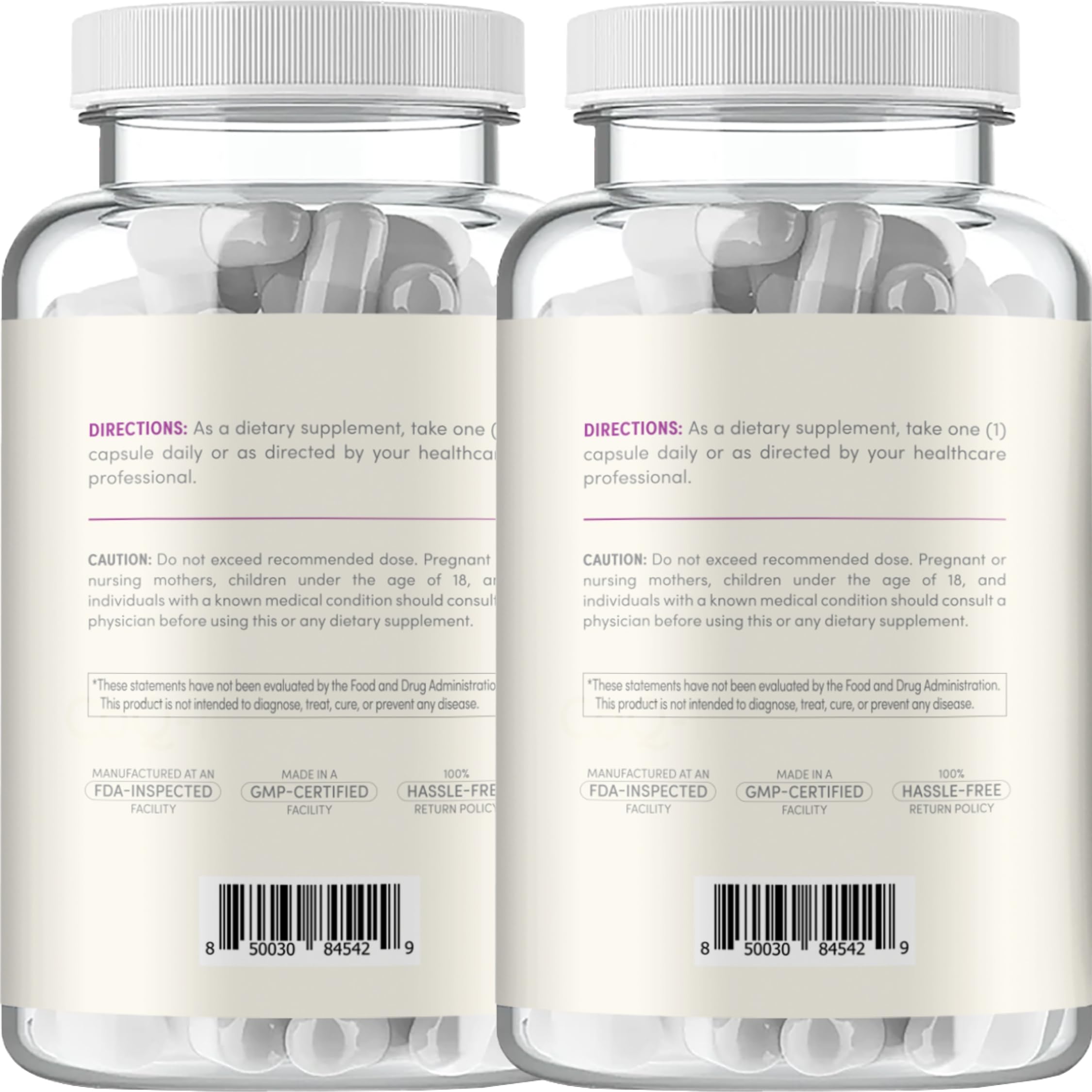 Clear Formulas bottle side view highlights easy-to-take daily capsules.