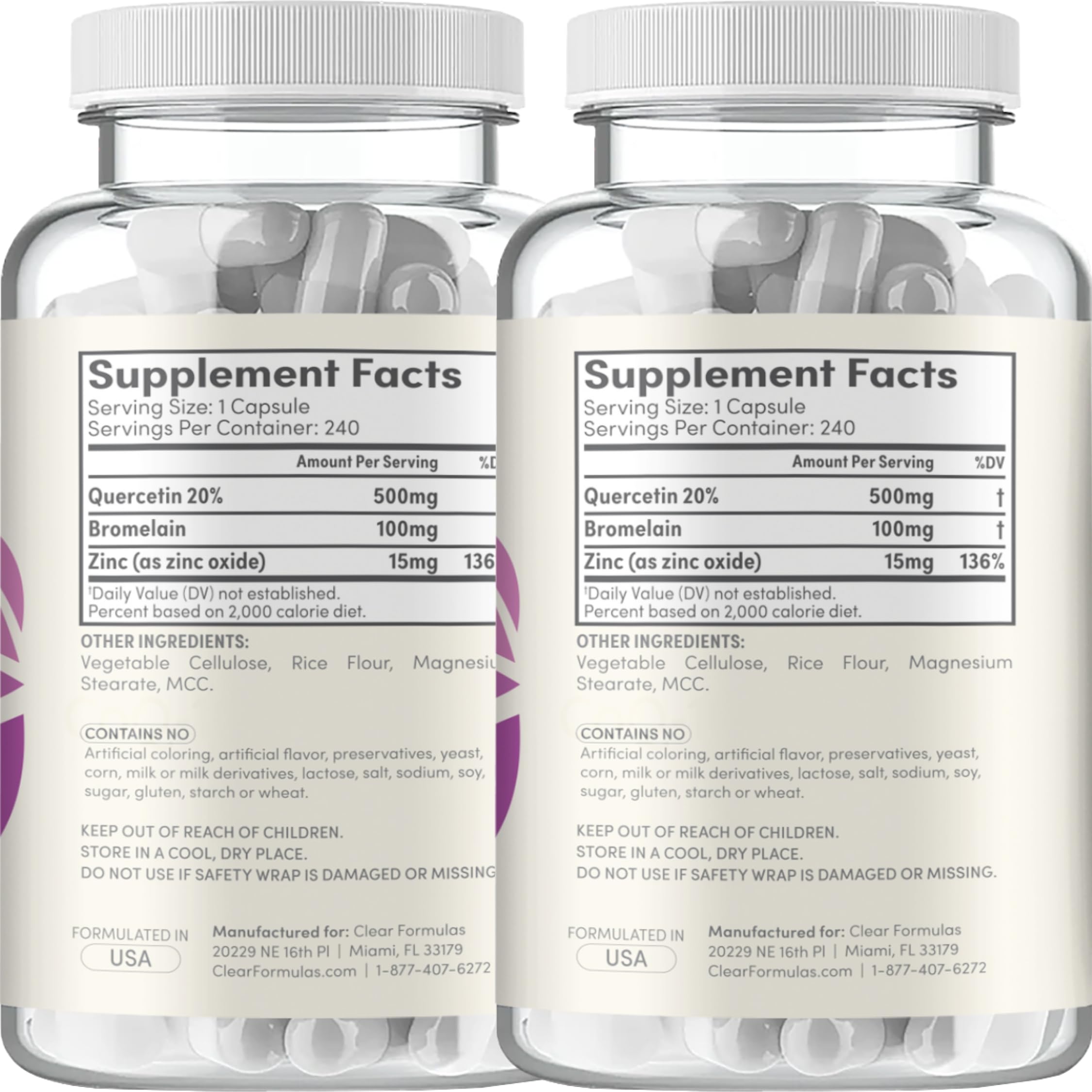 Clear Formulas capsules closeup emphasizes quercetin-bromelain blend for daily support.