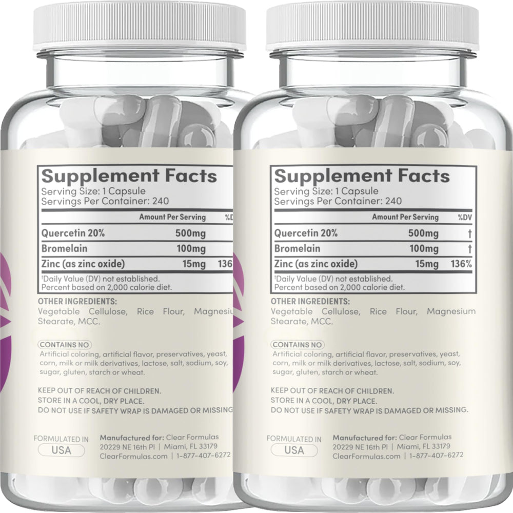 Clear Formulas capsules closeup emphasizes quercetin-bromelain blend for daily support.