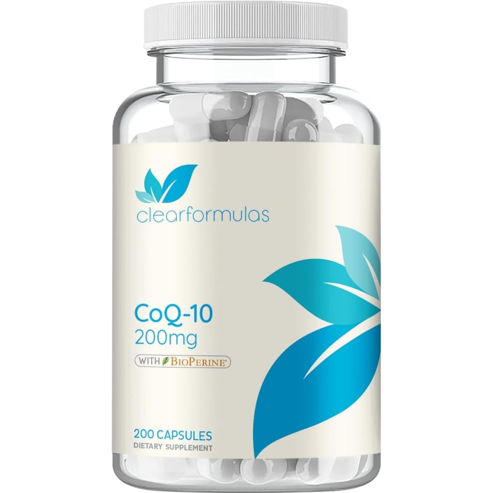 Clear Formulas CoQ10 200mg with BioPerine bottle shows enhanced absorption for daily use.