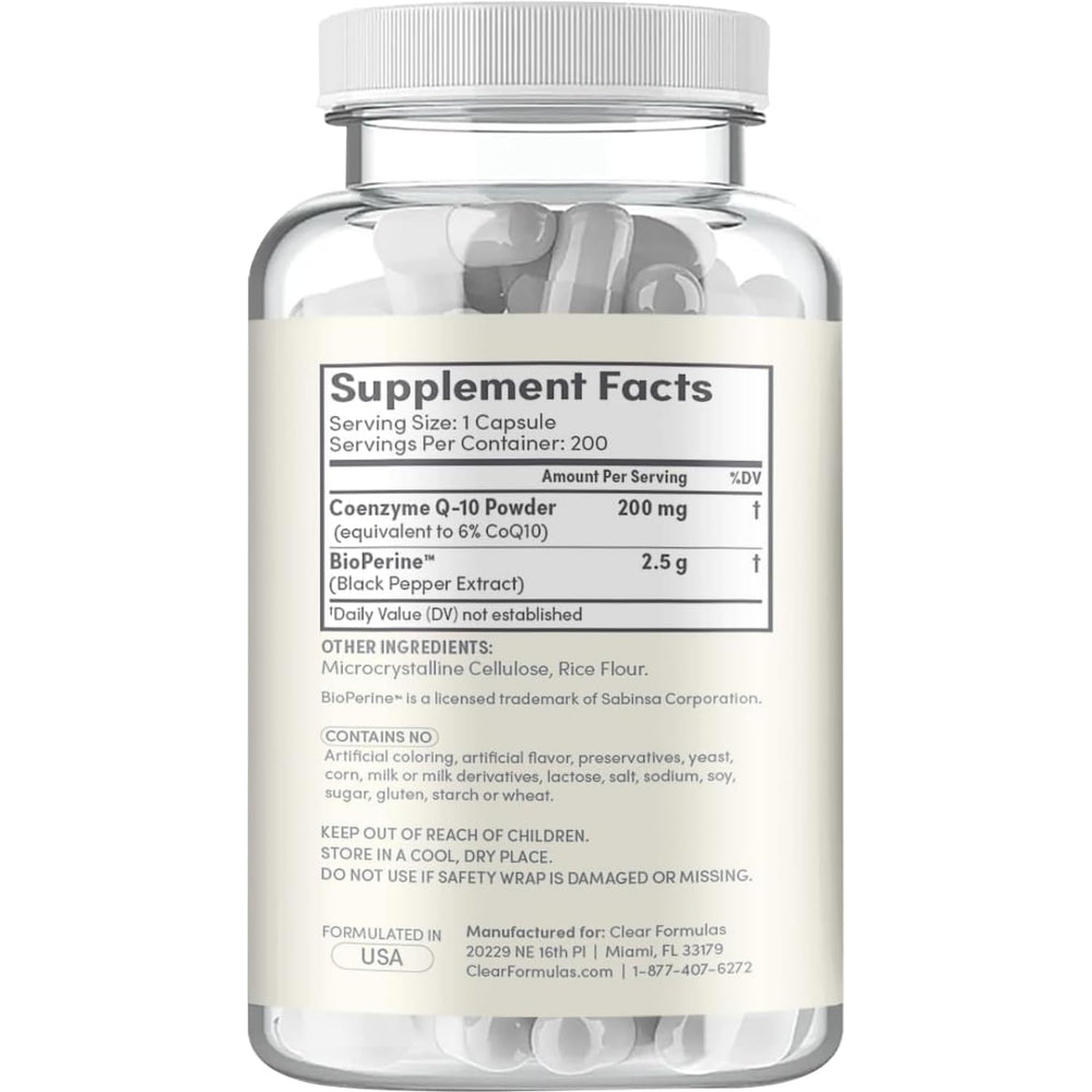 Clear Formulas CoQ10 200mg bottle label demonstrates high stability ubiquinone formulation.