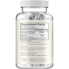 Clear Formulas CoQ10 200mg bottle label demonstrates high stability ubiquinone formulation.