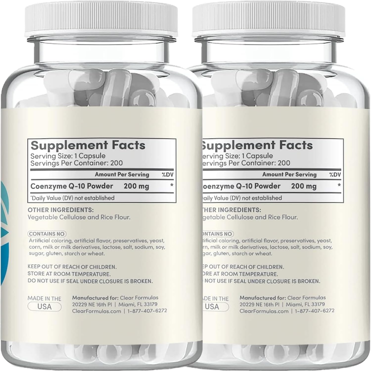 Clear Formulas CoQ10 200mg label closeup highlighting the stable ubiquinone form