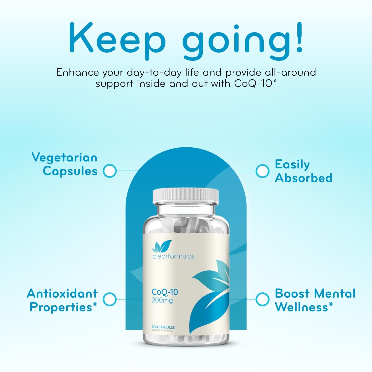 Clear Formulas CoQ10 200mg supplement pour showing convenient dosing