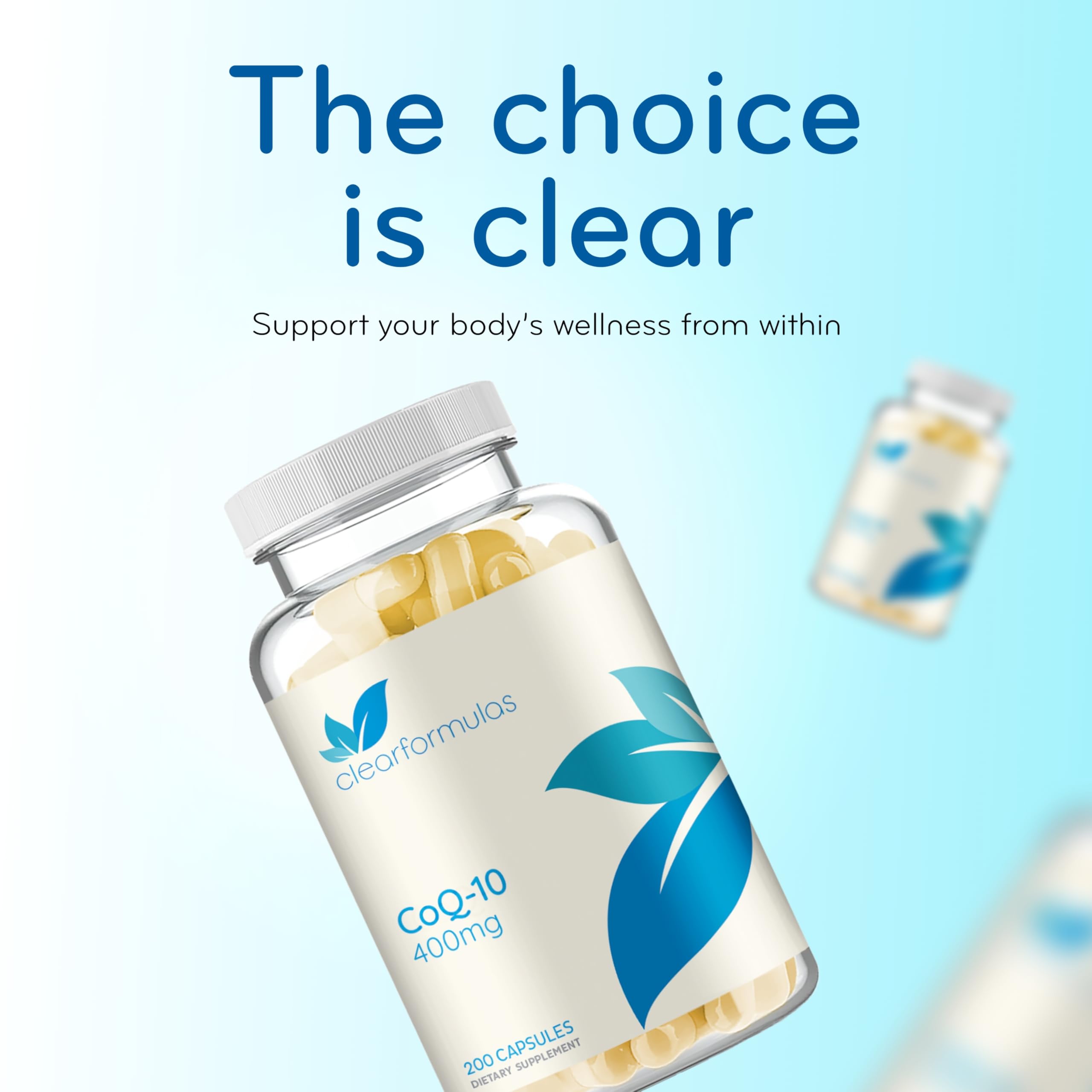 Clear Formulas CoQ10 bottle on shelf ready for daily use.