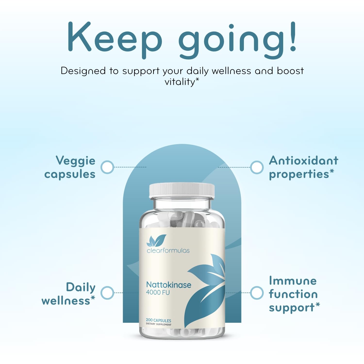 Clear Formulas nattokinase 4000fu capsules spread on surface for daily use
