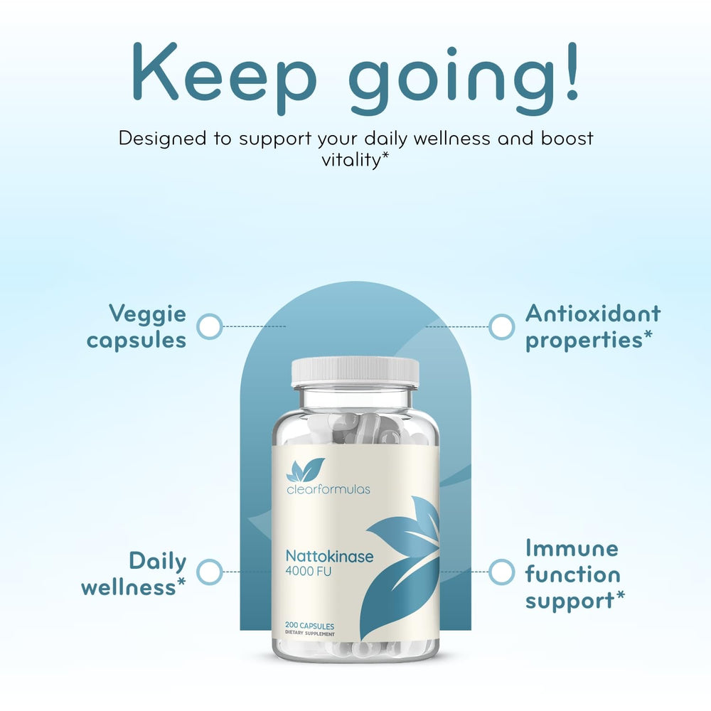 Clear Formulas nattokinase 4000fu capsules spread on surface for daily use