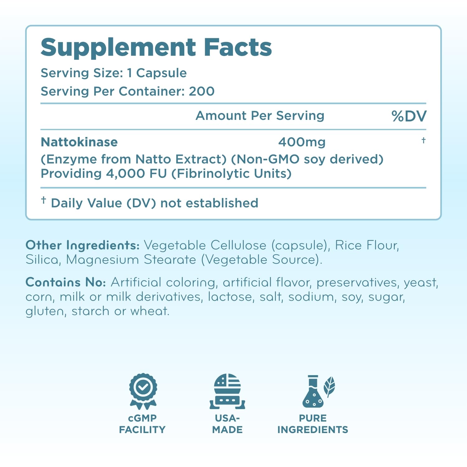 Clear Formulas nattokinase 4000fu gluten-free non GMO badge on label