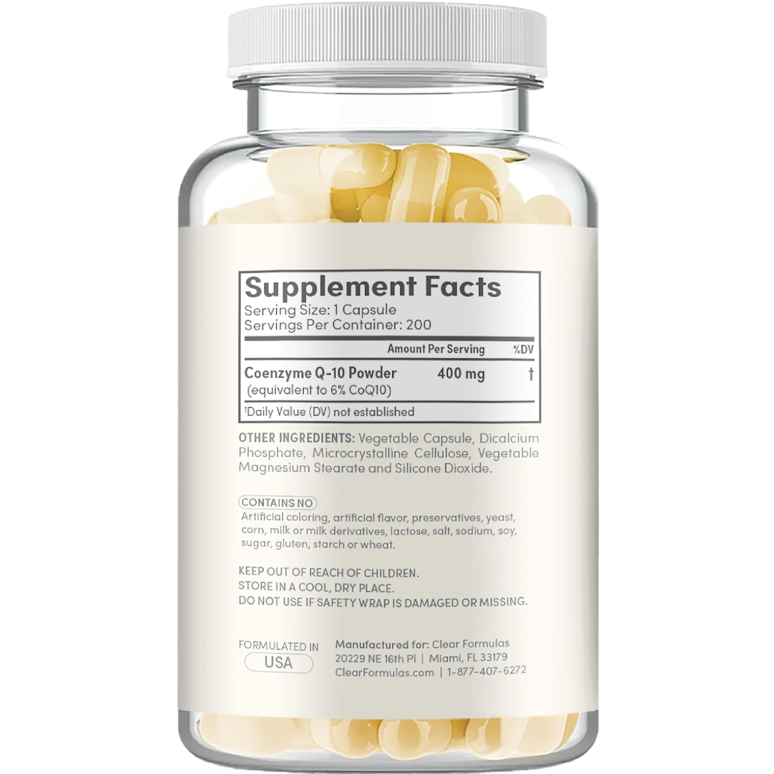 Clear Formulas packaged CoQ10 bottle signaling reliability and consistency.