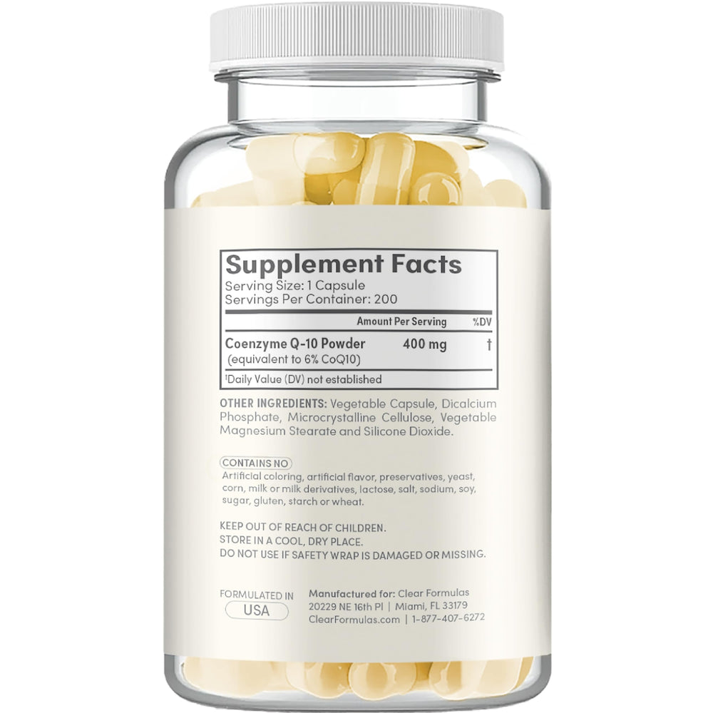 Clear Formulas packaged CoQ10 bottle signaling reliability and consistency.